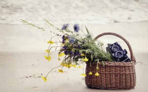 basket flowers camera sand sea beach hd wallpaper