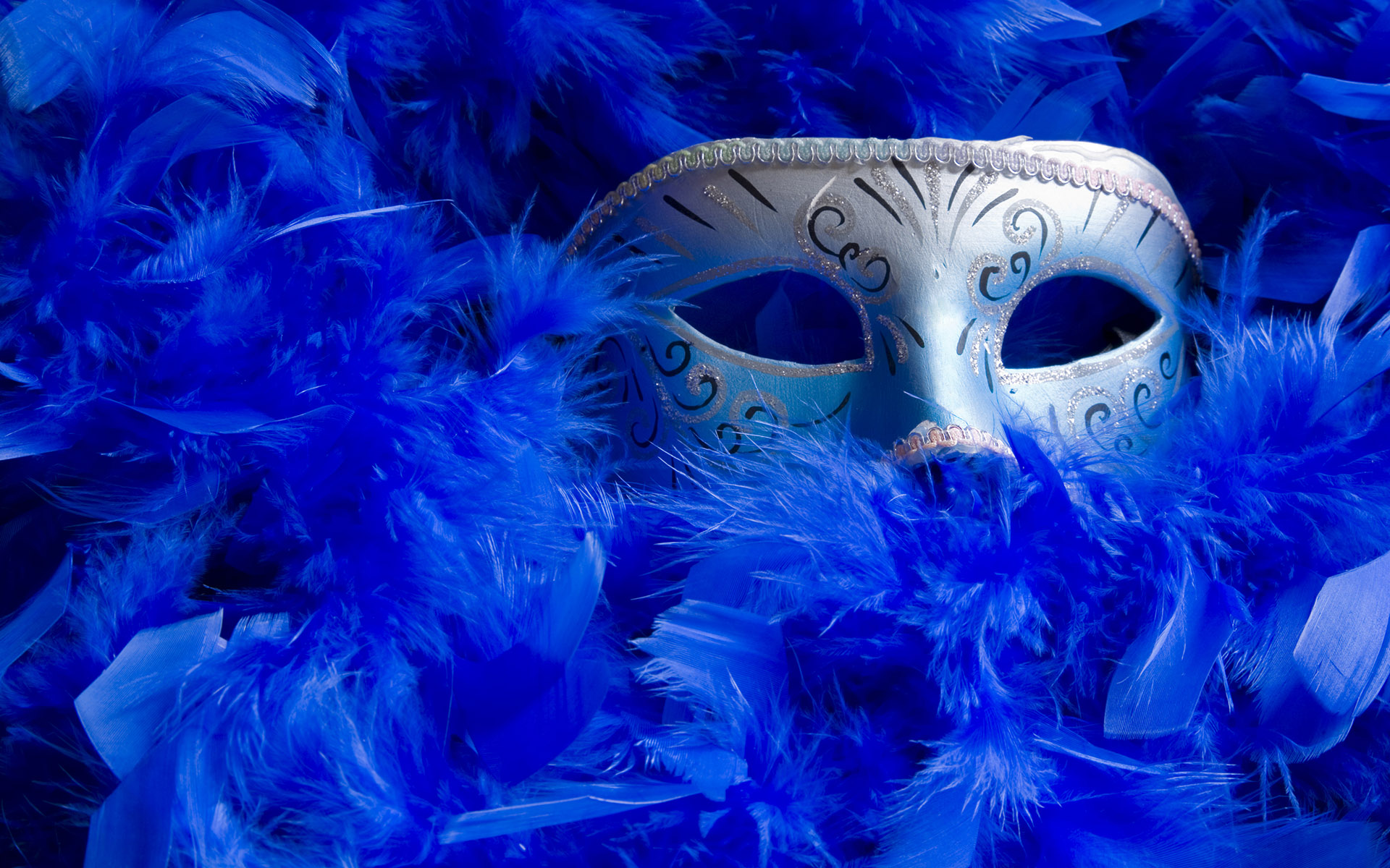 Venetian mask among bright blue feathers.